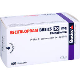Abbildung: Escitalopram Basics 20 mg Filmtabletten 100 St, Filmtabletten PZN 10206607