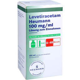 Abbildung: Levetiracetam Heumann 100 mg / ml + 3 ml App.Spritze 150 ml, Lösung zum Einnehmen PZN 10271473