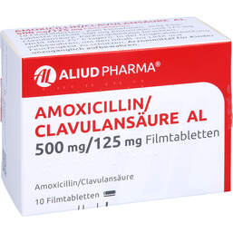 Abbildung: Amoxicillin / Clavulansäure AL 500mg / 125mg Filmtabletten 10 St, Filmtabletten PZN 10298271