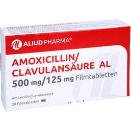 Abbildung: Amoxicillin / Clavulansäure AL 500mg / 125mg Filmtabletten 20 St, Filmtabletten PZN 10298288