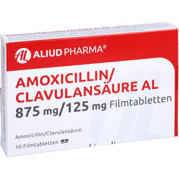 Abbildung: Amoxicillin / Clavulansäure AL 875mg / 125mg Filmtabletten 10 St, Filmtabletten PZN 10298294
