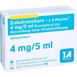 Abbildung: Zoledronsäure 1A Pharma 4 mg / 5 ml Konzentrat z.H.Infusionsl. 1 St, Infusionslösungskonzentrat PZN 10303670