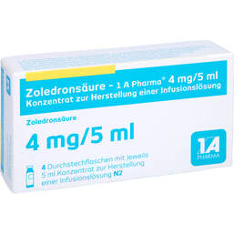 Abbildung: Zoledronsäure 1A Pharma 4 mg / 5 ml Konzentrat z.H.Infusionsl. 4 St, Infusionslösungskonzentrat PZN 10303776