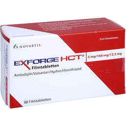 Abbildung: Exforge HCT 5 mg / 160 mg / 12,5 mg Filmtabletten 98 St, Filmtabletten PZN 10343563