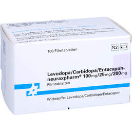 Abbildung: Levodopa / Carbidopa / Entacapon neurax 100 / 25 / 200 100 St, Filmtabletten PZN 10352906