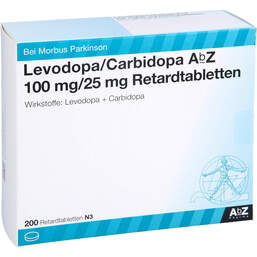 Abbildung: Levodopa / Carbidopa AbZ 100 / 25 mg Retardtabletten 200 St, Retard-Tabletten PZN 10395146