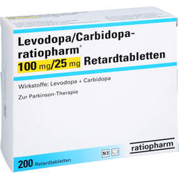 Abbildung: Levodopa / Carbidopa ratiopharm 100 mg / 25 mg Ret.-T. 200 St, Retard-Tabletten PZN 10397518