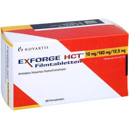 Abbildung: Exforge HCT 10 mg / 160 mg / 12,5 mg Filmtabletten 98 St, Filmtabletten PZN 10399109