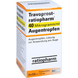 Abbildung: Travoprost ratiopharm 40 Mikrogramm / ml Augentropfen 3X2.5 ml, Augentropfen PZN 10402840
