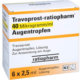 Abbildung: Travoprost ratiopharm 40 Mikrogramm / ml Augentropfen 6X2.5 ml, Augentropfen PZN 10402857