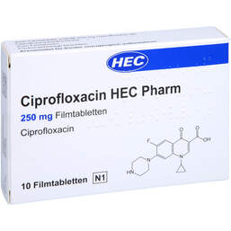 Abbildung: Ciprofloxacin Hec Pharm 250 mg Filmtabletten 10 St, Filmtabletten PZN 10410727