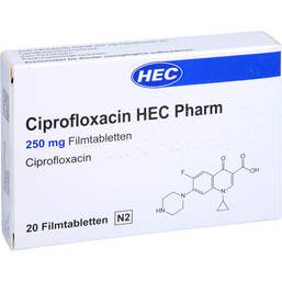 Abbildung: Ciprofloxacin Hec Pharm 250 mg Filmtabletten 20 St, Filmtabletten PZN 10410756