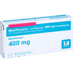 Abbildung: Moxifloxacin 1A Pharma 400 mg Filmtabletten 5 St, Filmtabletten PZN 10411000