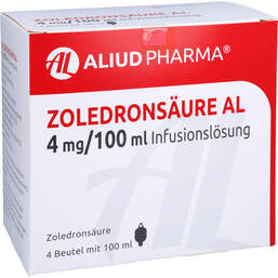 Abbildung: Zoledronsäure AL 4 mg / 100 ml Konzentrat z.Her.einer Infusionsl. 4 St, Infusionslösung PZN 10413950
