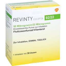 Abbildung: Revinty Ellipta 92 µg / 22 µg Einzeldosis Pulver zur Inh.30ED 1 St, Inhalationspulver PZN 10417646