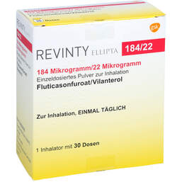 Abbildung: Revinty Ellipta 184 µg / 22 µg Einzeldosis P.z.Inh.30ED 1 St, Inhalationspulver PZN 10417675