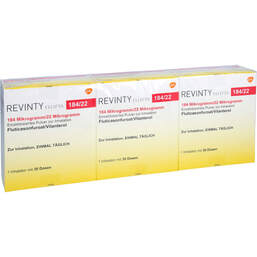 Abbildung: Revinty Ellipta 184 µg / 22 µg Einzeldosis P.z.Inh.30ED 3 St, Inhalationspulver PZN 10417698