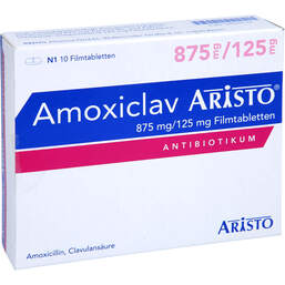 Abbildung: Amoxiclav Aristo 875 mg / 125 mg Filmtabletten 10 St, Filmtabletten PZN 10525519