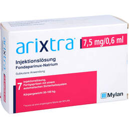 Abbildung: Arixtra 7,5 mg / 0,6 ml Injektionslösung in einer Fertigspritze 7X0.6 ml, Injektionslösung PZN 10531974