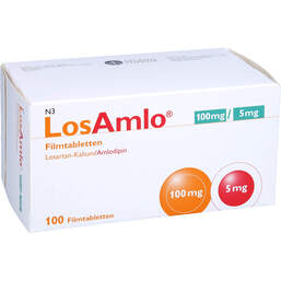 Abbildung: Losamlo 100 mg / 5 mg Filmtabletten 100 St, Filmtabletten PZN 10536351