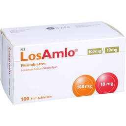 Abbildung: Losamlo 100 mg / 10 mg Filmtabletten 100 St, Filmtabletten PZN 10536374