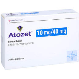 Abbildung: Atozet 10 mg / 40 mg Filmtabletten 30 St, Filmtabletten PZN 10538396