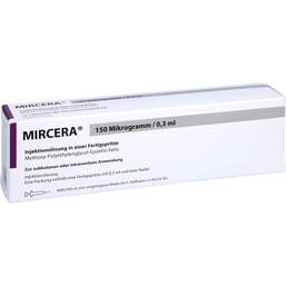 Abbildung: Mircera 150 Mikrogramm / 0,3 ml Injektionslösung i.e.F.-Sp. 1 St, Fertigspritzen PZN 10628337