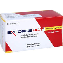 Abbildung: Exforge HCT 10 mg / 160 mg / 12,5 mg Filmtabletten 98 St, Filmtabletten PZN 10628900