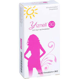 Abbildung: Yiznell 30 0,03 mg / 3 mg Filmtabletten 3X21 St, Filmtabletten PZN 10713244