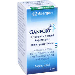Abbildung: Ganfort 0,3 mg / ml + 5 mg / ml Augentropfen 3 ml, Augentropfen PZN 10744434
