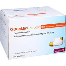 Abbildung: Duaklir Genuair 340 µg / 12 µg Pulver zur Inhalation 60ED 3 St, Inhalationspulver PZN 10744693