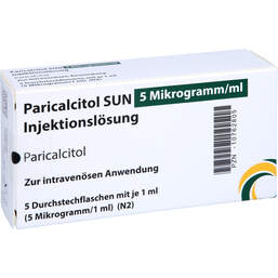 Abbildung: Paricalcitol Sun 5 Mikrogramm / ml Injektionslösung Durchstechflasche  5X1 ml, Injektionslösung PZN 10762805