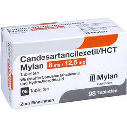 Abbildung: Candesartancilexetil / HCT Mylan 8 mg / 12,5 mg Tabletten 98 St, Tabletten PZN 10787455