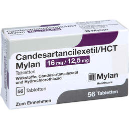 Abbildung: Candesartancilexetil / HCT Mylan 16 mg / 12,5 mg Tabletten 56 St, Tabletten PZN 10787461