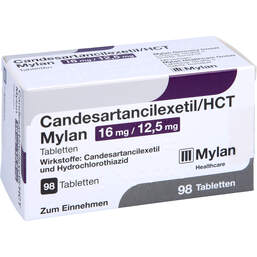 Abbildung: Candesartancilexetil / HCT Mylan 16 mg / 12,5 mg Tabletten 98 St, Tabletten PZN 10787478