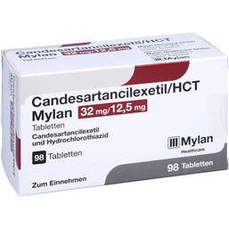 Abbildung: Candesartancilexetil / HCT Mylan 32 mg / 12,5 mg Tabletten 98 St, Tabletten PZN 10787509
