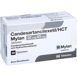 Abbildung: Candesartancilexetil / HCT Mylan 32 mg / 25 mg Tabletten 98 St, Tabletten PZN 10787515