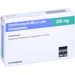 Abbildung: Clarithromycin Micro Labs 250 mg Filmtabletten 12 St, Filmtabletten PZN 10818345