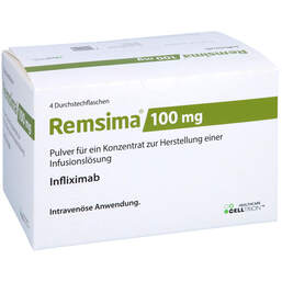 Abbildung: Remsima 100 mg Pulver für einer Konzentration zur Herstellung einer Infusionslösung 4 St, Pulver zur Herstellung eines Infusionslösungskonzentrates PZN 10826356