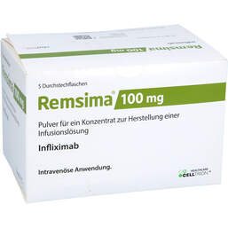 Abbildung: Remsima 100 mg Pulver für einer Konzentration zur Herstellung einer Infusionslösung 5 St, Pulver zur Herstellung eines Infusionslösungskonzentrates PZN 10826385
