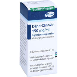 Abbildung: Depo Clinovir 150 mg / ml Injektionssuspension i.e.Dsflasche 1 St, Durchstechflaschen PZN 10839057