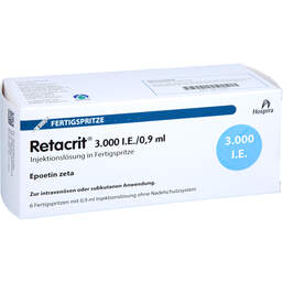 Abbildung: Retacrit 3.000 I.E. / 0,9 ml Injektionslösung in einer Fertigspritze 6 St, Fertigspritzen PZN 10917248