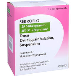 Abbildung: Serroflo 25 µg / 250 µg 3x120 Hub Dosieraerosol 3 St, Dosieraerosol PZN 10933885