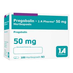 Abbildung: Pregabalin 1A Pharma 50 mg Hartkapseln 100 St, Hartkapseln PZN 10973040