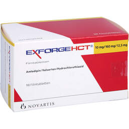 Abbildung: Exforge HCT 10 mg / 160 mg / 12,5 mg Filmtabletten 98 St, Filmtabletten PZN 10978824