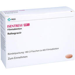 Abbildung: Isentress 400 mg Filmtabletten 180 St, Filmtabletten PZN 10995610
