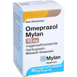 Abbildung: Omeprazol Mylan 10 mg magensaftresistent Hartkapseln 30 St, Magensaftresistente Hartkapseln PZN 11012354