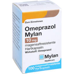 Abbildung: Omeprazol Mylan 10 mg magensaftresistent Hartkapseln 100 St, Magensaftresistente Hartkapseln PZN 11012377
