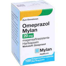 Abbildung: Omeprazol Mylan 20 mg magensaftresistent Hartkapseln 100 St, Magensaftresistente Hartkapseln PZN 11012420