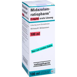 Abbildung: Midazolam ratiopharm 2 mg / ml orale Lösung zum Einnehmen 100 ml, Lösung zum Einnehmen PZN 11024794